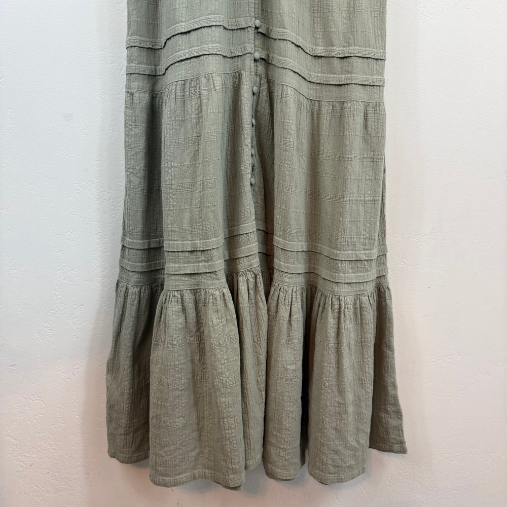 Lucky Brand Tiered Maxi Dress M Sage Green Cotton Boho Prairie Cottagecore - Picture 6 of 12